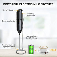 Electric Milk Frother Handheld with Stainless Steel Stand Battery Powered Foam Maker