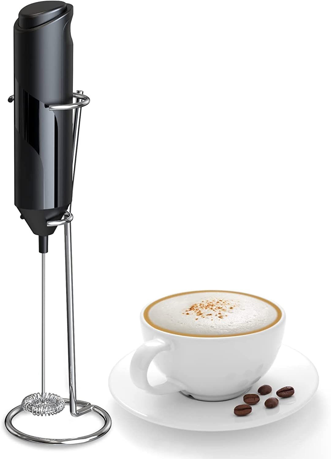 Electric Milk Frother Handheld with Stainless Steel Stand Battery Powered Foam Maker